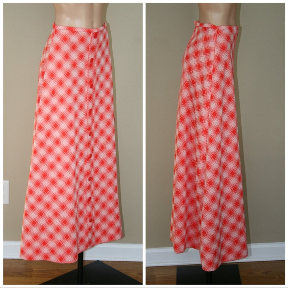 Vintage 70s Check Plaid Skirt A-Line Maxi Skirt XS - Picture 3 of 5